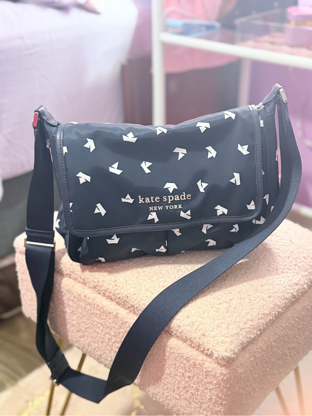 kate spade black messenger bag with white sailboat print